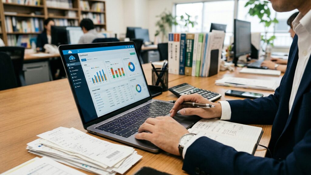オフィスのデスクで、ネイビーのスーツを着用した男性が、グラフやデータが表示された三豊・坂出・丸亀市内の企業のクラウド会計ダッシュボードが映るノートパソコンを操作し、ノートに書き込んでいる。