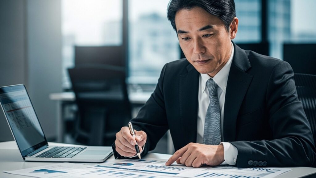 デスクで資料を精査し、事業計画の立案を行うスーツ姿の税理士