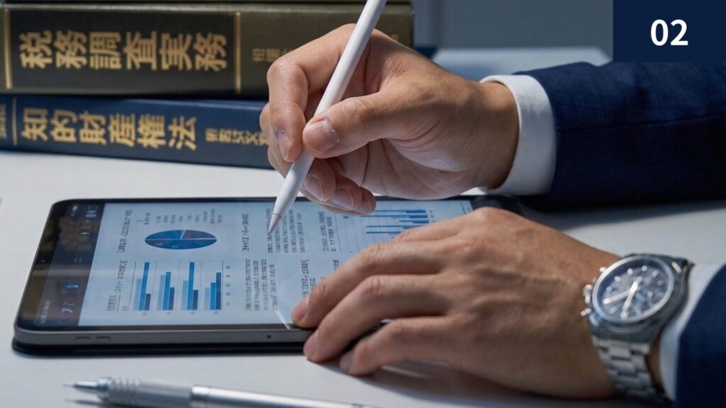 タブレットに表示されたグラフやデータを分析し、ペンで資料を作成する税理士の手元。