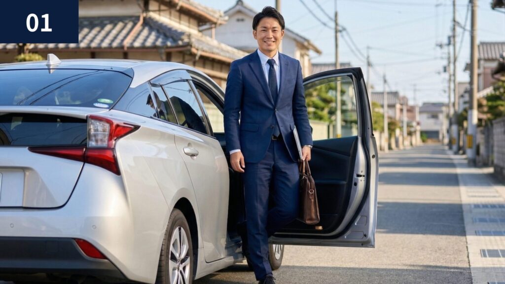 車から降りてバッグを手に持ち、三豊市・坂出市・丸亀市内で笑顔で挨拶するスーツ姿の男性税理士。
