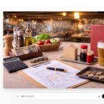 Budgeting workspace in a restaurant: calculator, coins, financial chart, pen on a paper with a small wooden house model and condiments nearby on a dining table, beer glass in the background