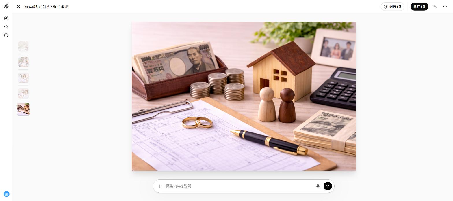 Estate planning scene: house model, coins, banknotes, rings, blueprint, pen, calculator and family photo on a desk