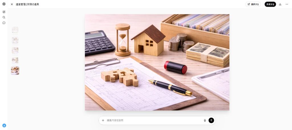 Blueprints with a small wooden house model, hourglass, calculator, and stacks of coins and bills.